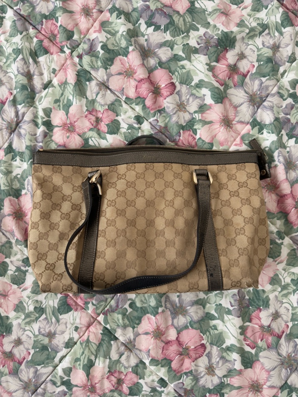 Gucci Beige GG Canvas Shoulder Bag with Dark Brown Trim